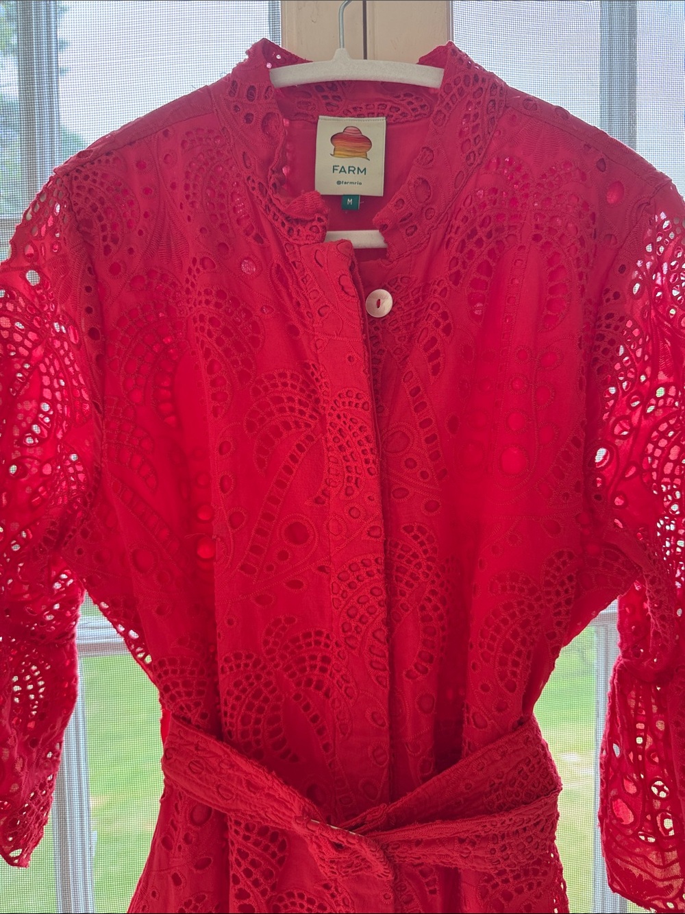 Farm Rio Red Eyelet Belted Midi Dress